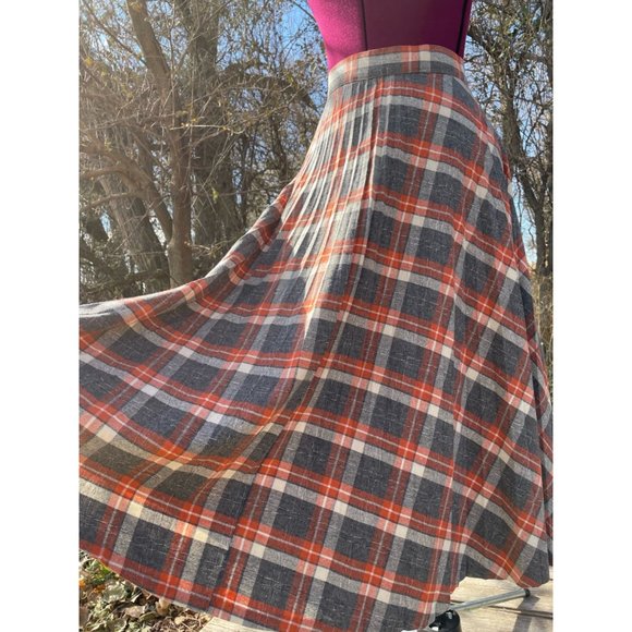 Unbranded Dresses & Skirts - Vintage 1970s Wool Blend Plaid Pleated Skirt Gray Orange Size M